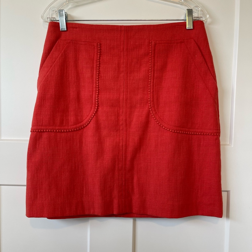 LOFT Coral-colored, Fine-weave Tweed, Above-the-Knee Skirt, w/ accent trim, Sz 8